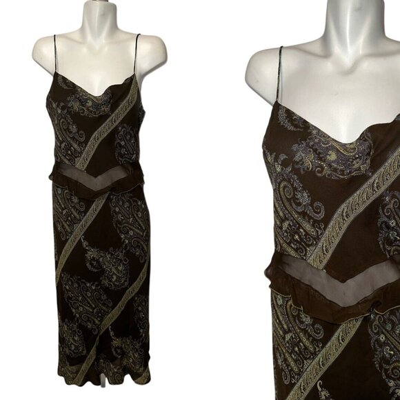 Vtg Y2k Lapis Brown Paisley Slip Dress Rayon Slinky Maxi Fairycore Size Large - Picture 1 of 6